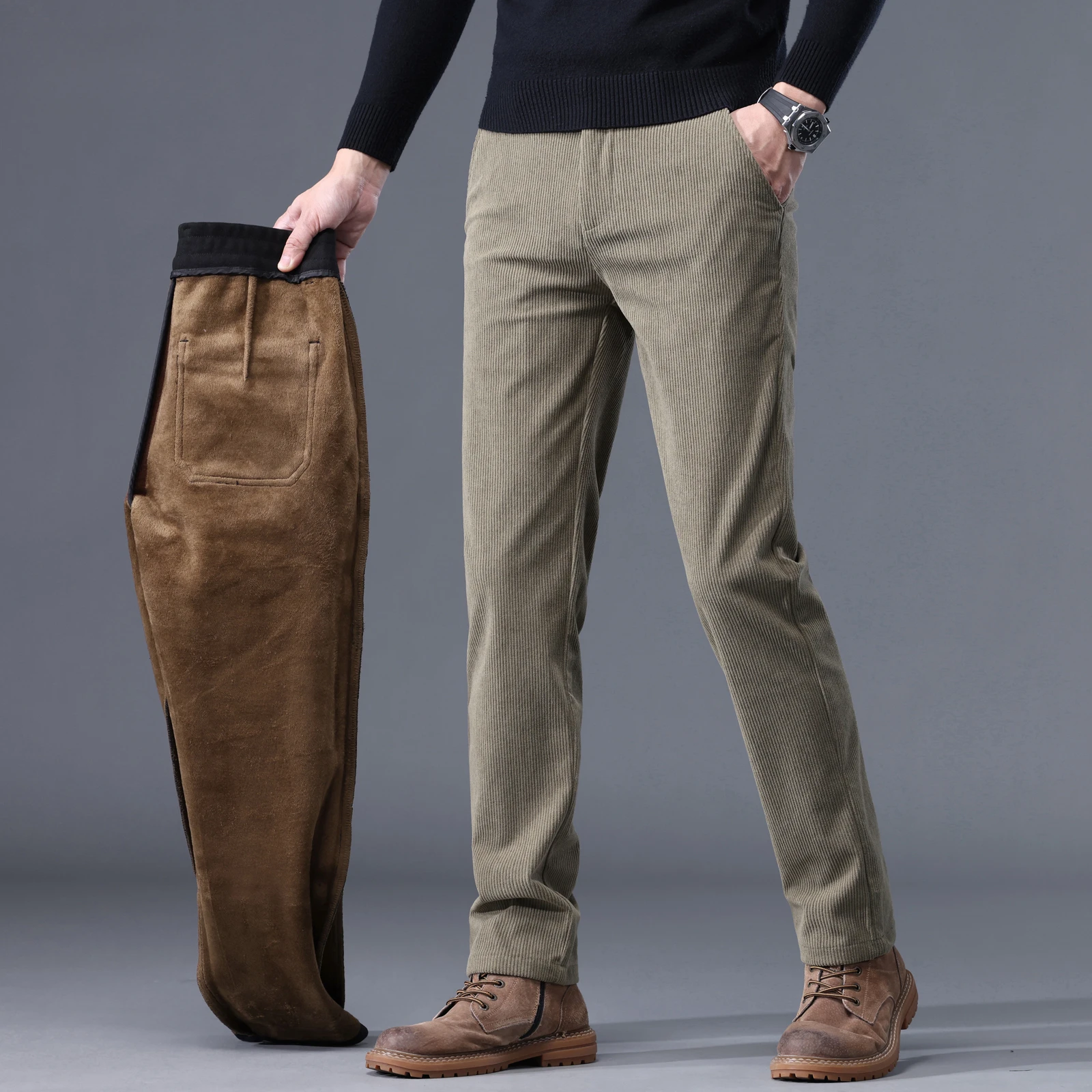Corduroy Pant Warm - Pantalones rectos ajustados para hombre, pantalón